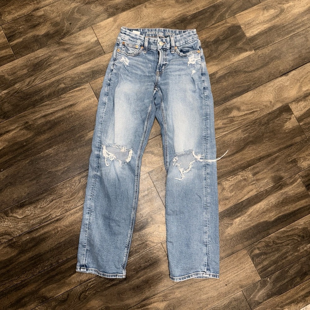 Y2K American Eagle Curvy Stretch Straight Distressed Denim Jeans Women's 00